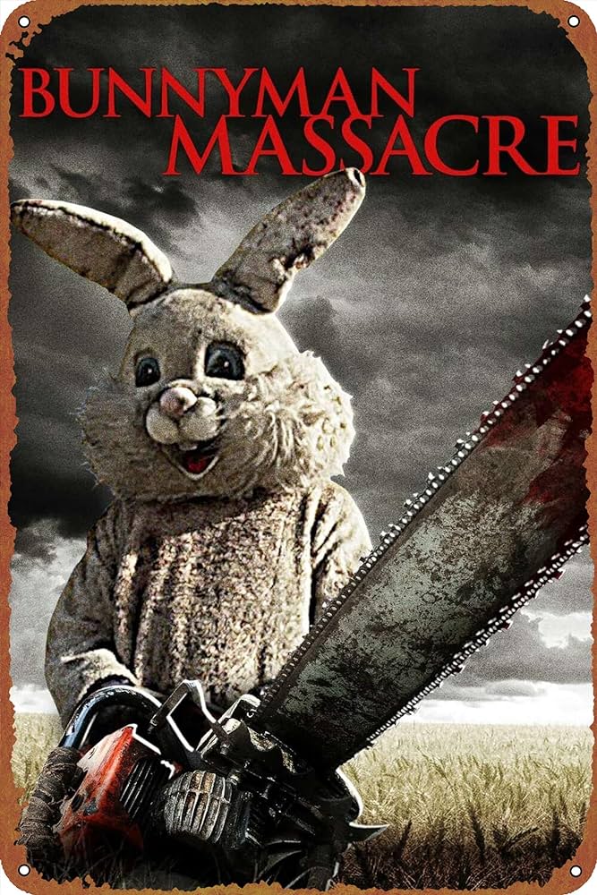 creepy photo of a person in a bunny suit holding a chainsaw