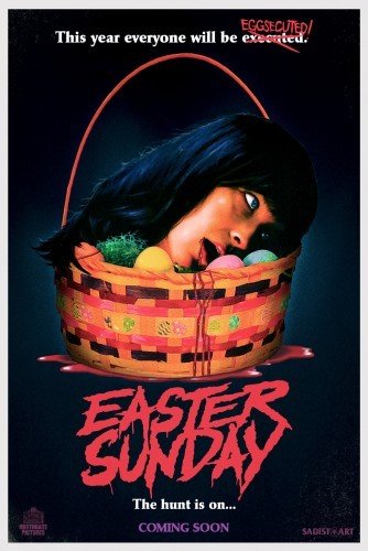 horror movie poster with a human head laying in a basket with easter eggs
